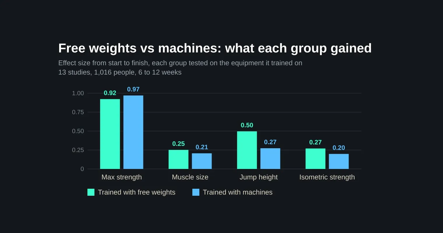 A dark bar chart pairing free-weight and machine training groups across four outcomes: max strength 0.92 versus 0.97, muscle size 0.25 versus 0.21, jump height 0.50 versus 0.27, isometric strength 0.27 versus 0.20