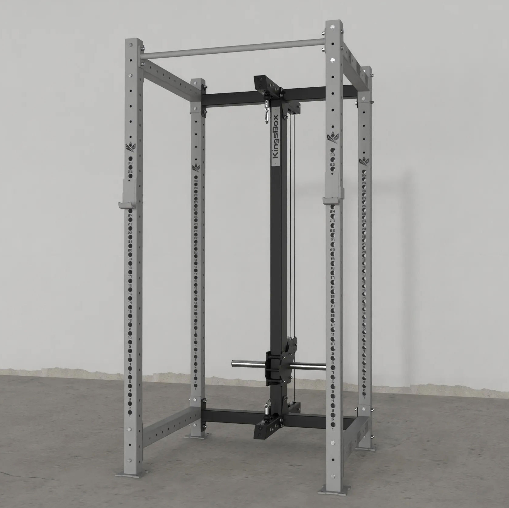 Power rack with plate-loaded cable attachment for complete home gym strength training