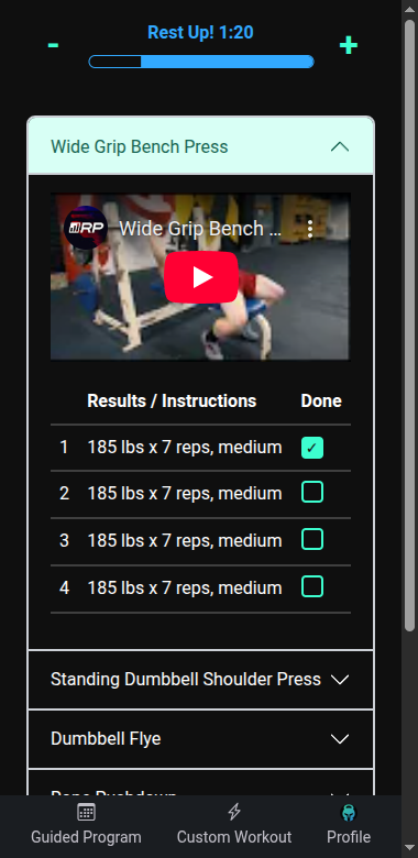 Workout Screen After First Set Submitted